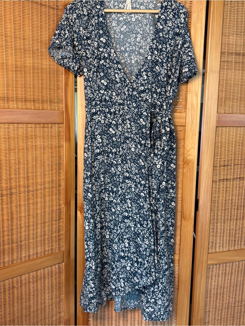 Pact Navy Floral Wrap Dress with White Blossom Print sz S